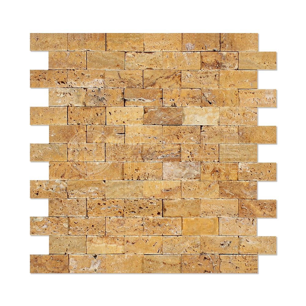 Gold (Yellow) Travertine 1 X 2 Brick Mosaic Tile, Split-Faced - Tilefornia