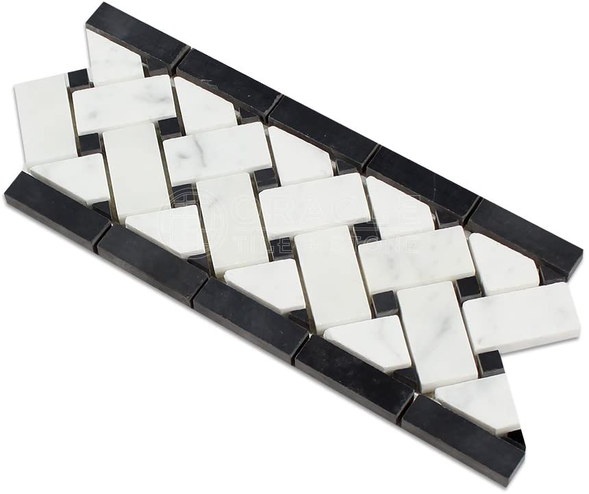 Carrara White Italian (Bianco Carrara) Marble Basketweave Border Mosaic Tile with Black Marble Dots, Polished - Tilefornia