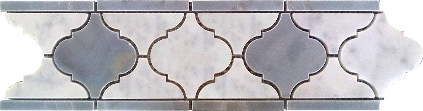 Carrara White Italian Carrera Marble Medium Lantern Shaped Arabesque Baroque Mosaic Border 4'' X 12'' Pack of 15 - Tilefornia
