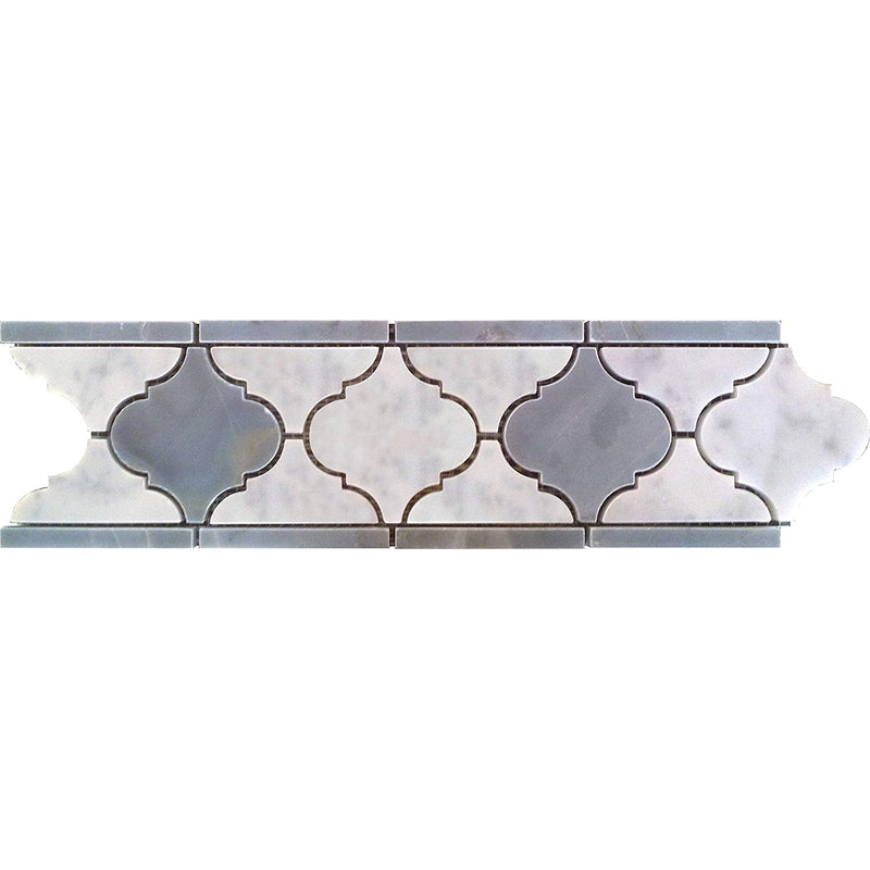 Carrara White Italian Carrera Marble Medium Lantern Shaped Arabesque Baroque Mosaic Border 4'' X 12'' Pack of 15 - Tilefornia