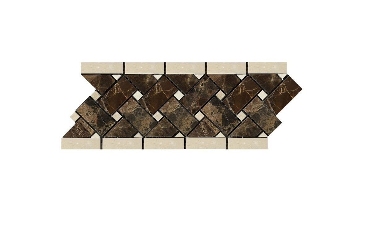 Emperador Dark Spanish Marble Marble Basketweave Mosaic Tile with Crema Marfil Marble Dots, Polished - Tilefornia