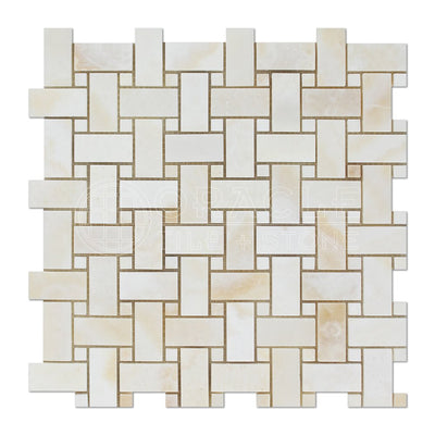White Onyx Basketweave Mosaic Tile with White Dots, Polished & Cross-Cut