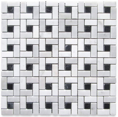White Carrara Marble Pinwheel Mosaic Tile with Black Dots, Polished