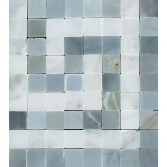Tilefornia Italian Carrara White Marble Greek Key Border Corner w/Blue/Gray Marble - Tilefornia