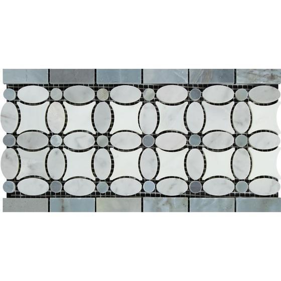 Tilefornia Florida Flower Thassos White & Carrara White & Blue/Gray Marble Border - Tilefornia