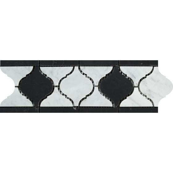 Tilefornia Italian Carrara White Marble Lantern Border w/ Black Marble Polished/Honed - Tilefornia