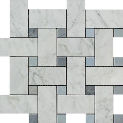 White Carrara Marble Basketweave Mosaic Tile 1 7/8x3 7/8 with Blue & Gray Dots, Polished