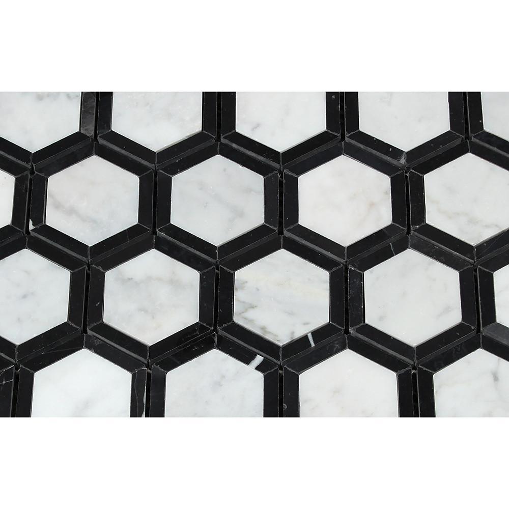 Tilefornia Italian Carrara White Marble Vortex Hexagon Mosaic Tile w/Black Marble Ribbon Polished/Honed - Tilefornia