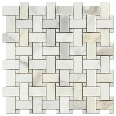 White Calacatta Gold Marble Basketweave Mosaic Tile 12x12, Polished