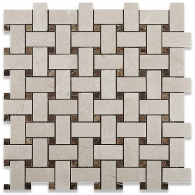 Crema Marfil Marble Basketweave Mosaic Tile with Emperador Dots, Polished