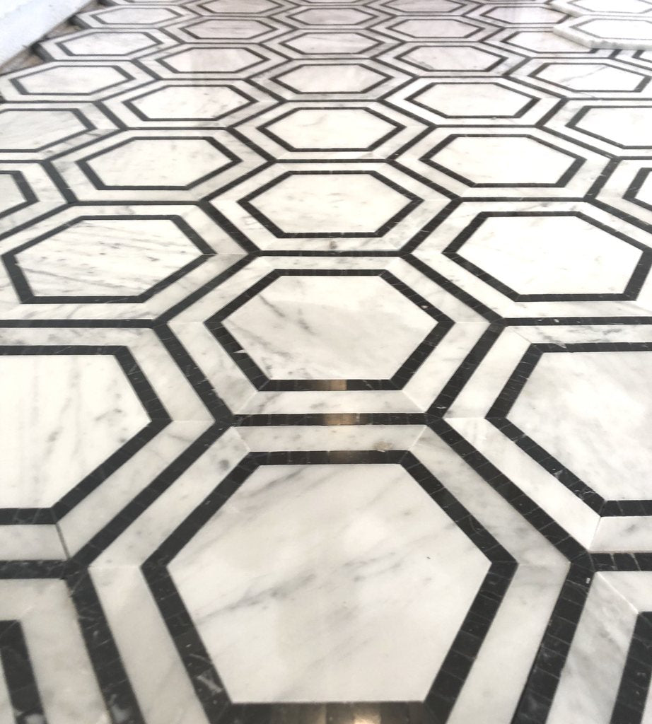 Tilefornia Italian Carrara White Marble 5" Hexagon Combo w/ Black Marble Ribbon Mosaic Tile Polished/Honed - Tilefornia
