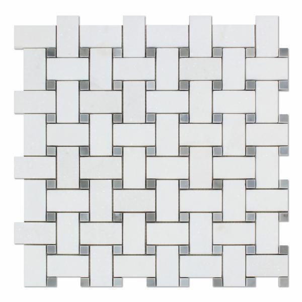 Tilefornia Thassos White & Blue/Gray Marble Basketweave Mosaic - Tilefornia