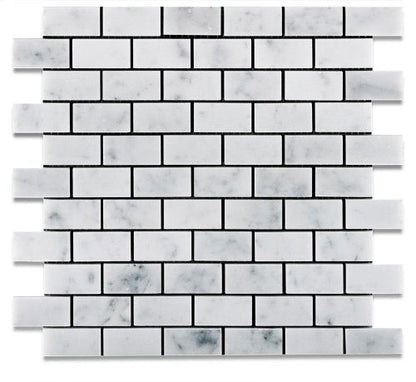 White Carrara Marble Brick Mosaic Tile 1x2, Polished