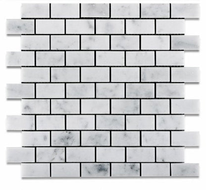 White Carrara Marble Brick Mosaic Tile 1x2, Polished