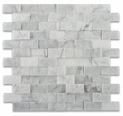 White Carrara Marble Brick Mosaic Tile 1x2, Split Face