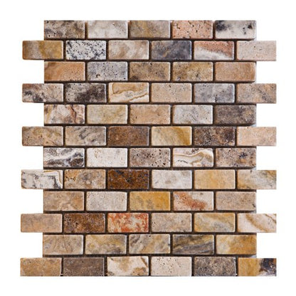 Scabos Travertine Brick Mosaic Tile 1x2, Honed & Unfilled