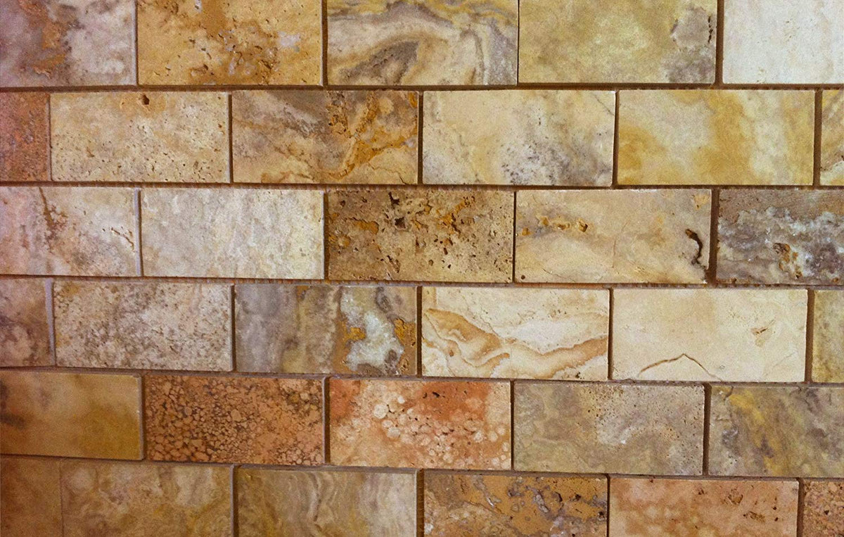 Scabos Travertine Mosaic Tile 2x4, Polished & Unfilled