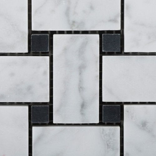 White Carrara Marble Basketweave Mosaic Tile with Black Dots, Polished