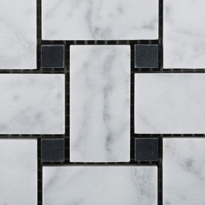 White Carrara Marble Basketweave Mosaic Tile with Black Dots, Polished