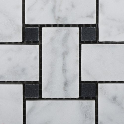 White Carrara Marble Basketweave Mosaic Tile 6x6 with Black Dots, Polished