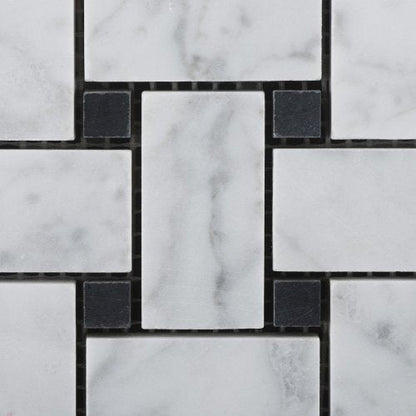White Carrara Marble Basketweave Mosaic Tile 6x6 with Black Dots, Polished