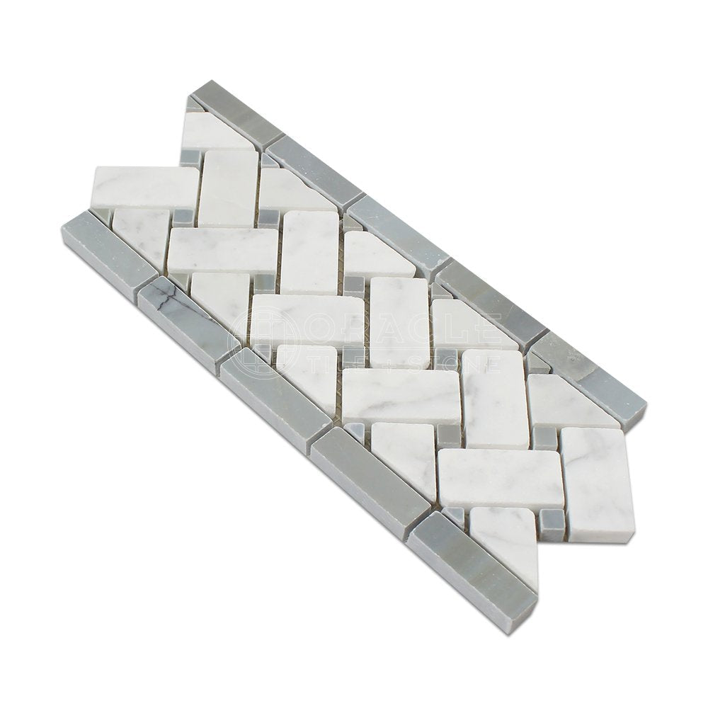 White Carrara Marble Basketweave Mosaic Tile with Blue & Gray Dots, Polished