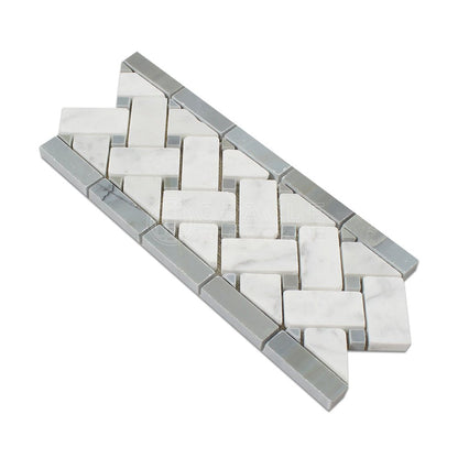 White Carrara Marble Basketweave Mosaic Tile with Blue & Gray Dots, Polished
