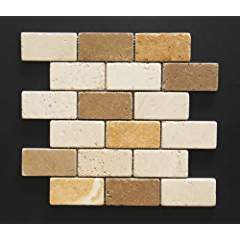 Mixed (Ivory + Noce + Gold) Travertine Brick Mosaic Tile 2x4, Tumbled
