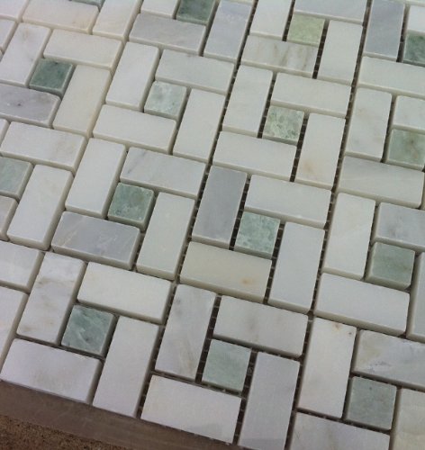 White Carrara Marble Pinwheel Mosaic Tile 6x6 with Black Dots, Polished