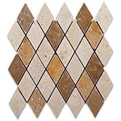 Mixed (Ivory + Noce + Gold) Travertine Diamond Mosaic Tile 2x4, Tumbled