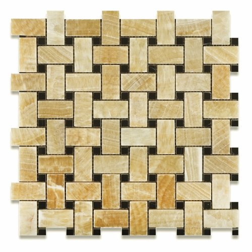 Honey Onyx Basketweave Mosaic Tile 6x6 with Black Dots, Polished