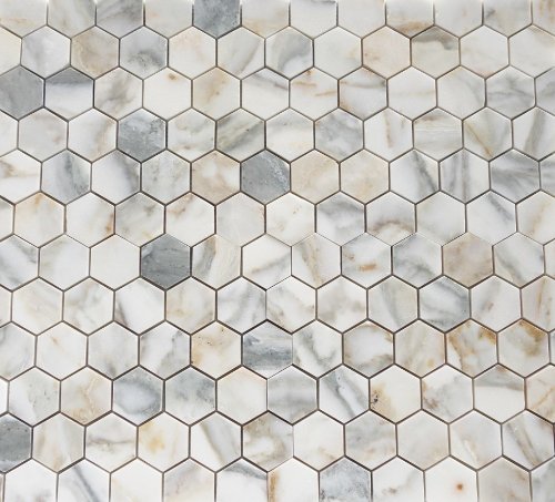 White Calacatta Gold Marble Hexagon Mosaic Tile 2 in, Honed