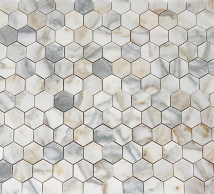 White Calacatta Gold Marble Hexagon Mosaic Tile 2 in, Honed