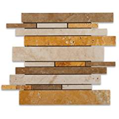 Mixed (Ivory + Noce + Gold) Travertine Random Strip Mosaic Tile 6x6, Honed