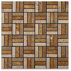 Mixed (Ivory + Noce + Gold) Travertine Mosaic Tile 6x6, Tumbled