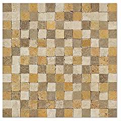 Mixed (Ivory + Noce + Gold) Travertine Mosaic Tile 1x1, Split Face