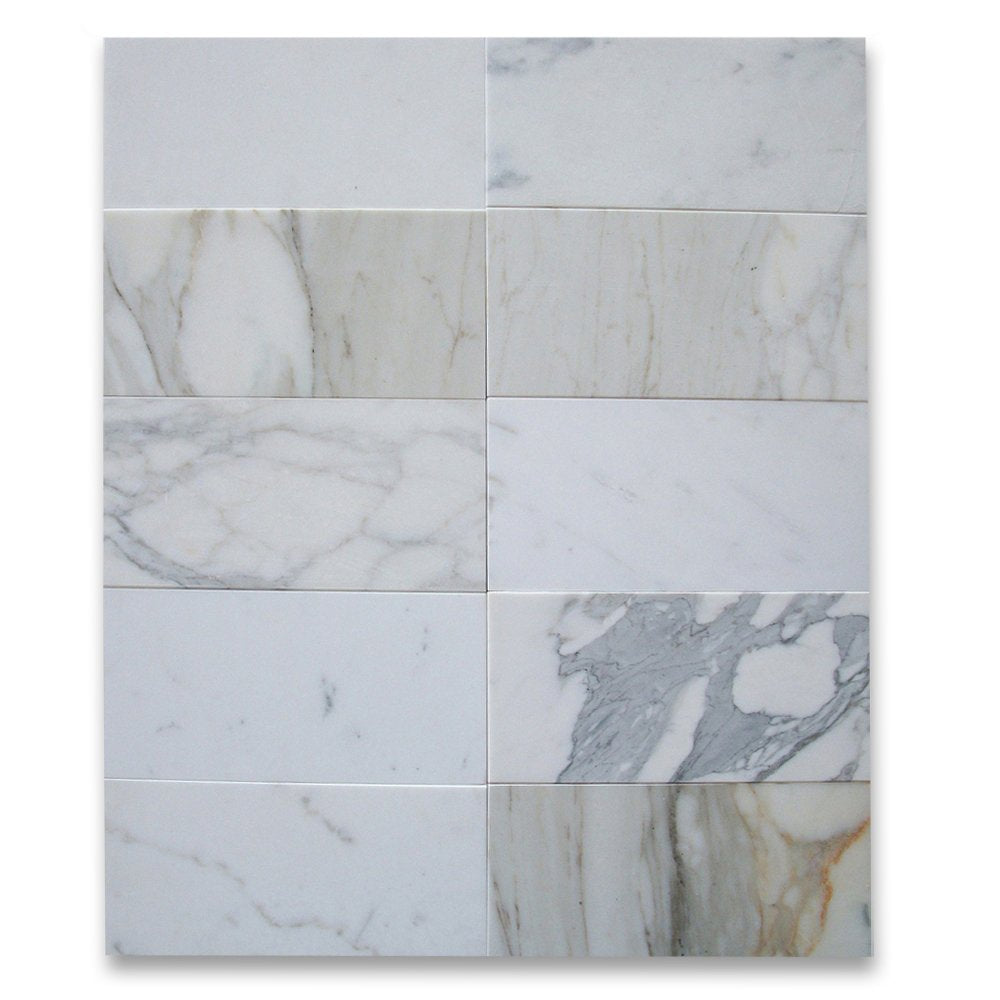 White Calacatta Gold Marble Subway Tile 6x12, Honed
