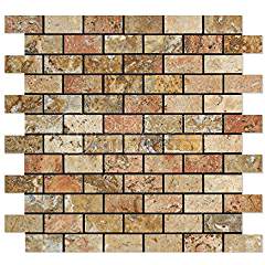Scabos Travertine Brick Mosaic Tile 1x2, Polished