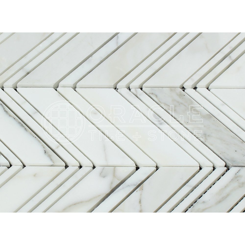 White Calacatta Gold Marble Chevron Mosaic Tile with Calacatta & Gold, Honed