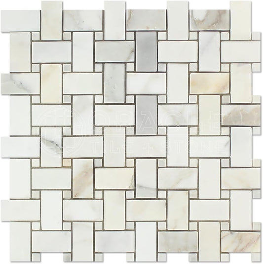 Calacatta Gold (Italian Calcutta) Marble Basketweave Mosaic Tile with Calacatta Gold Marble Dots - Tilefornia