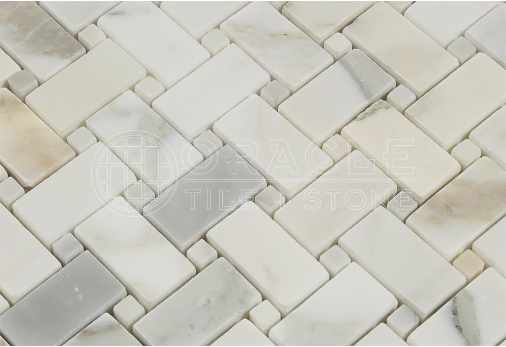 Calacatta Gold (Italian Calcutta) Marble Basketweave Mosaic Tile with Calacatta Gold Marble Dots - Tilefornia