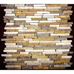 Brown Noce Travertine Random Strip Mosaic Tile, Tumbled
