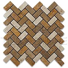 Mixed (Ivory + Noce + Gold) Travertine Herringbone Mosaic Tile 1x2, Tumbled