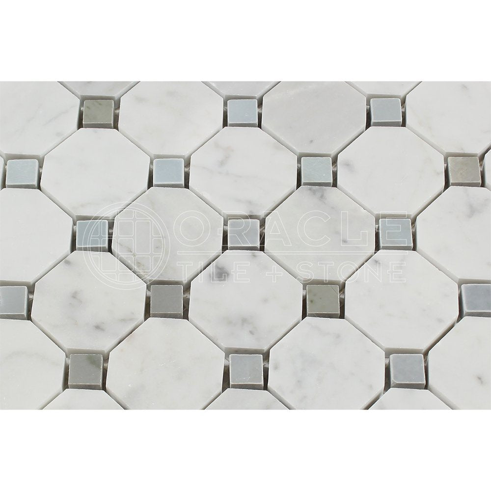 White Carrara Marble Octagon Mosaic Tile with Black Dots, Honed