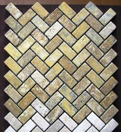 Gold Travertine Herringbone Mosaic Tile 1x2, Tumbled