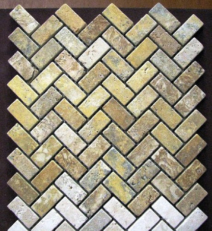 Gold Travertine Herringbone Mosaic Tile 1x2, Tumbled