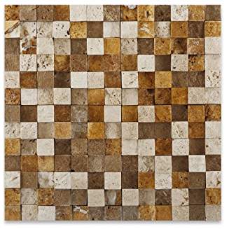 Mixed (Ivory + Noce + Gold) Travertine Mosaic Tile 1x1, Split Face