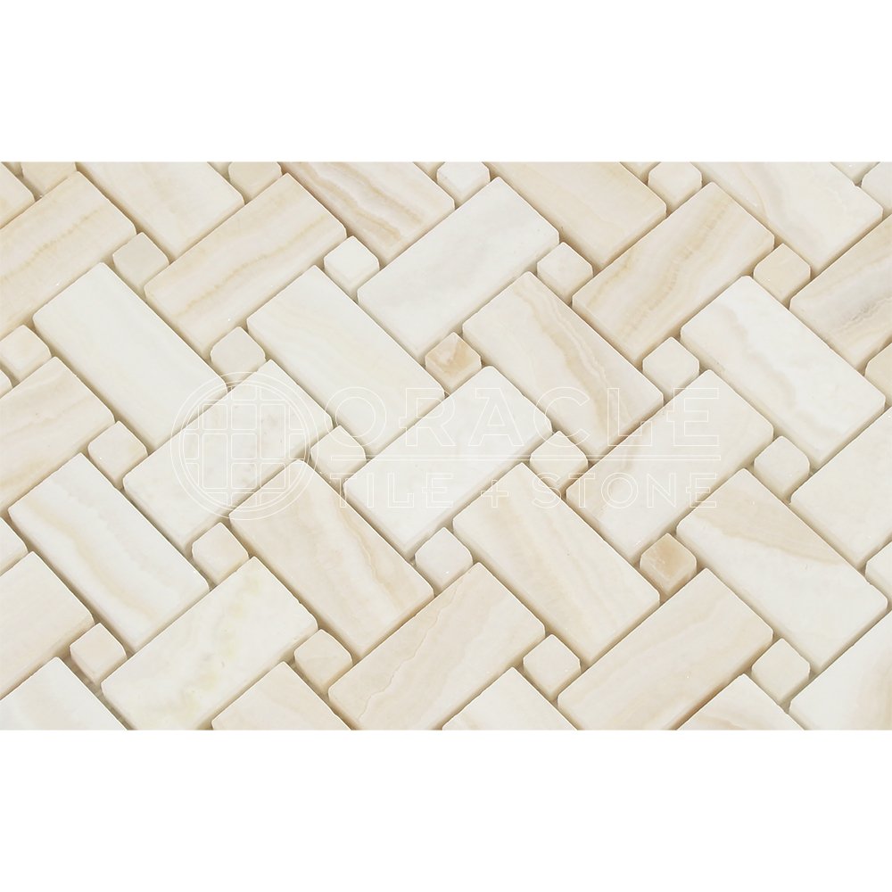 White Onyx Basketweave Mosaic Tile with White Dots, Polished & Cross-Cut