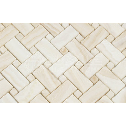 White Onyx Basketweave Mosaic Tile with White Dots, Polished & Cross-Cut