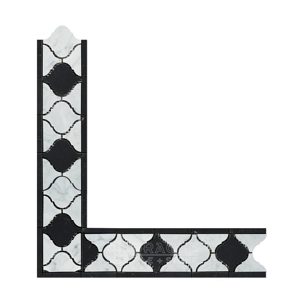 White Carrara Marble Basketweave Mosaic Tile with Black Dots, Honed